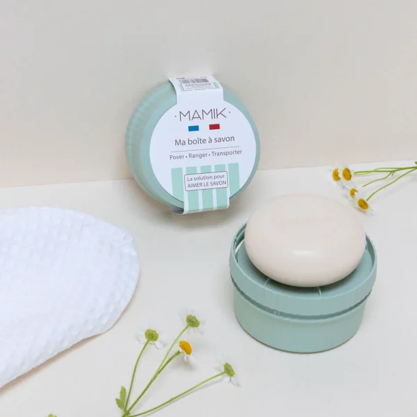 boite à savon de transport verte et ronde par Mamik