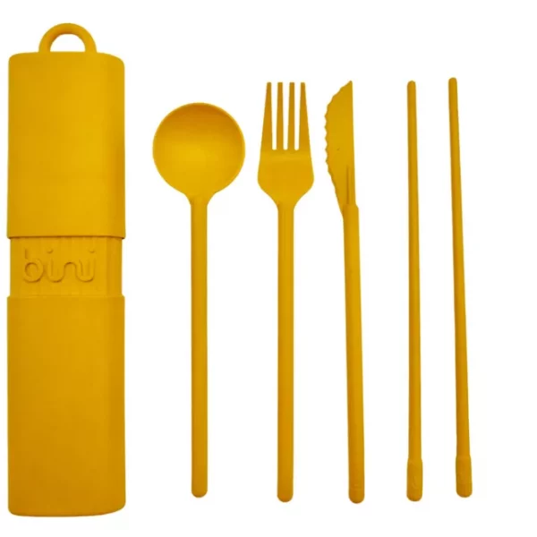 kit de couverts réutilisables recyclé Bini Jaune