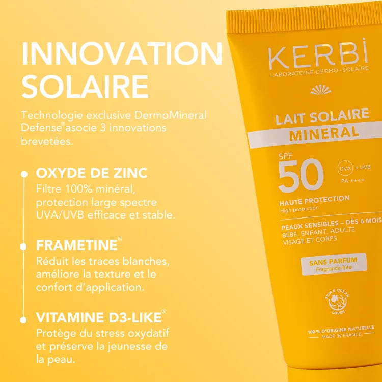 lait-solaire-mineral-spf50-sans-parfum-ingredient-kerbi.webp crème solaire SPF50 sana parfum bébé 100gr Kerbi