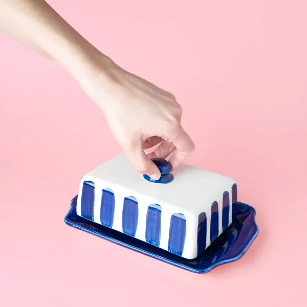 Beurrier artisanale bleu et blanc à rayures