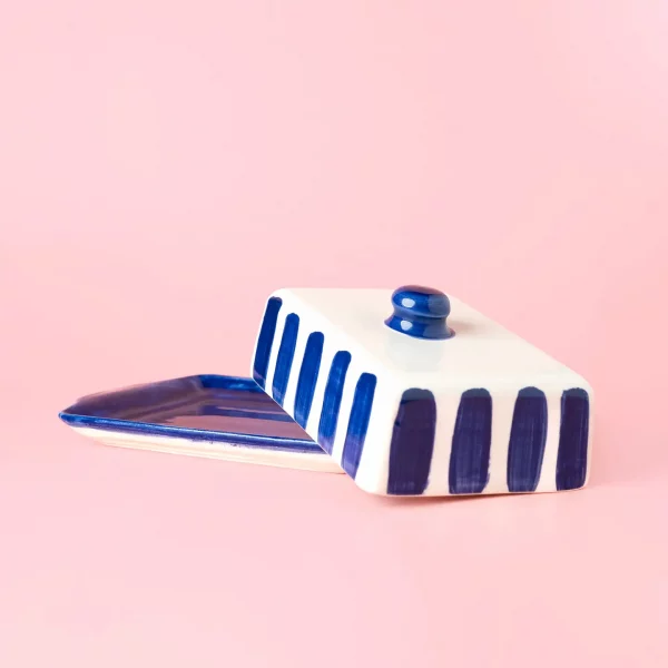 Beurrier artisanale bleu et blanc à rayures