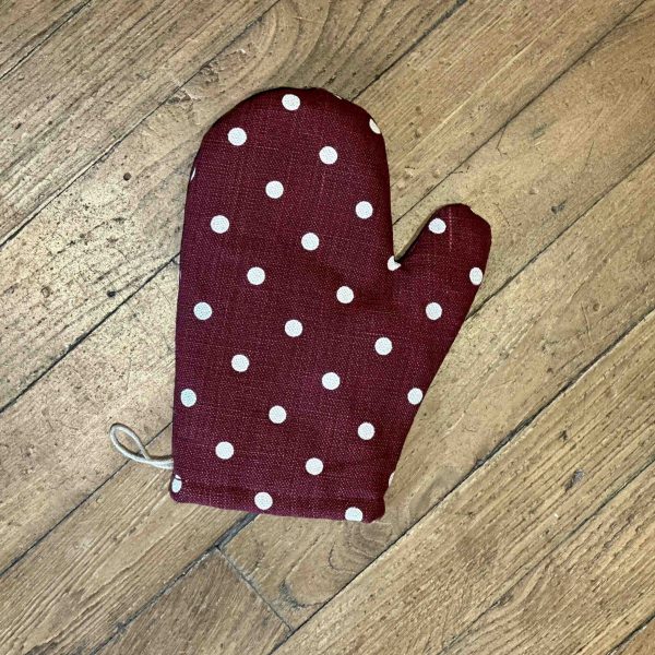 gant de cuisine en lin bordeaux à pois blanc - fabriqué en France