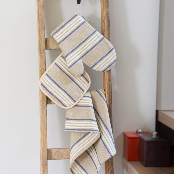 manique en lin et gant de cuisine en lin à rayures, fabriqués en France