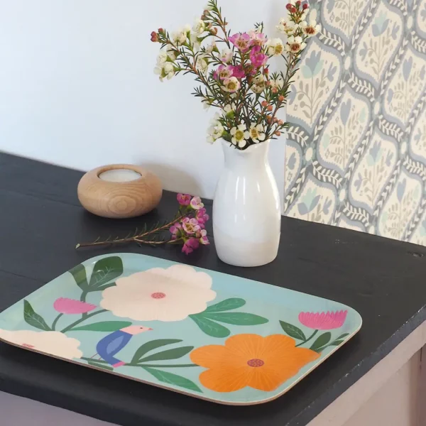 plateau rectangulaire petit motif grosses fleurs en bois- mini labo