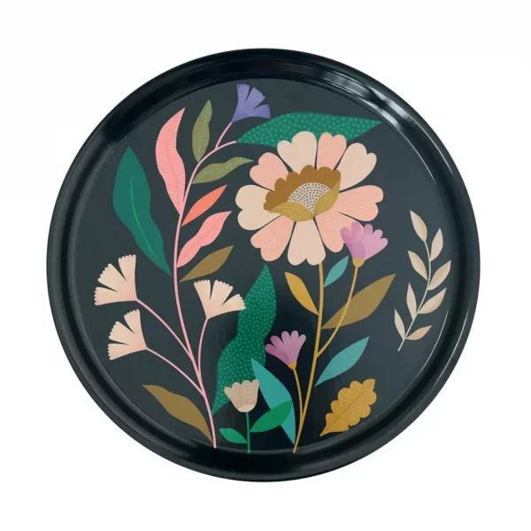 plateau rond noir et fleuris en bois- mini labo