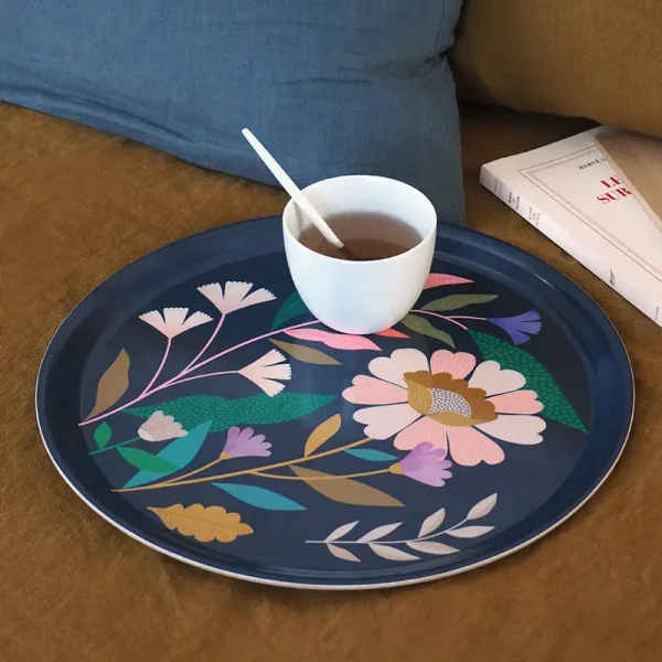 plateau rond noir et fleuris en bois- mini labo