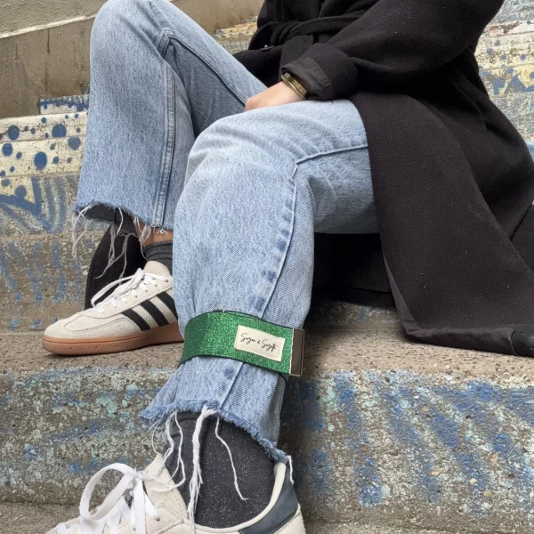 serre pantalon réfléchissant pour vélo vert paillette - Suzon & Suzette