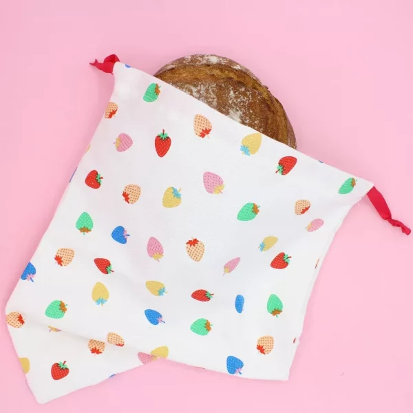sac à pain motif fraises en coton et lin machatelier