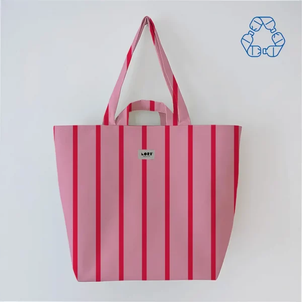 Sac cabas recyclé à rayures rose et rouge par Lori Barcelona