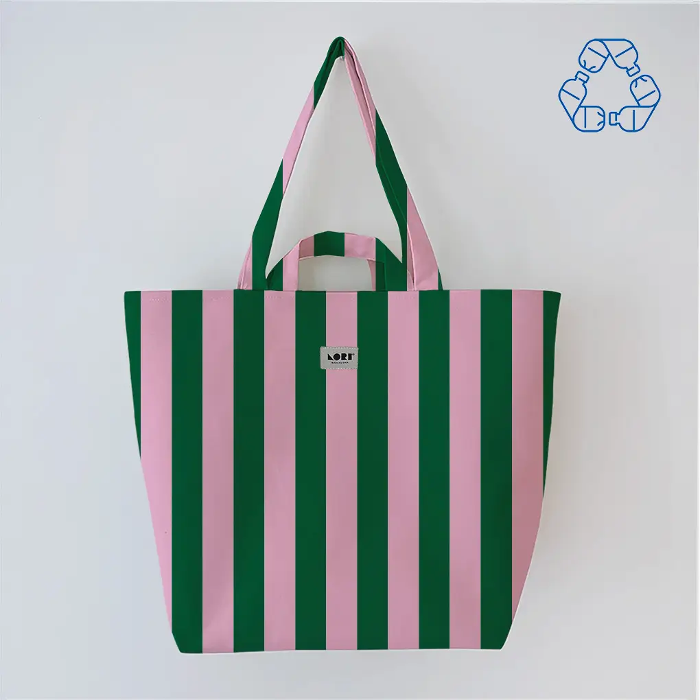 sac cabas recyclé et imperméable rayé vert et rose par Lori Barcelona