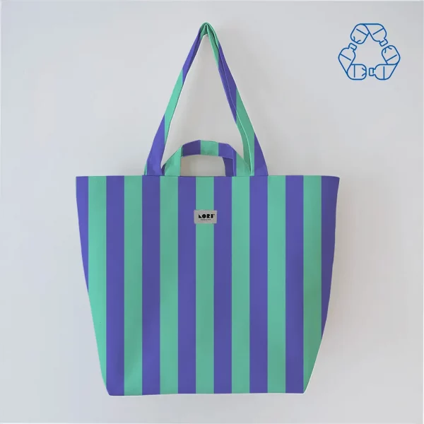 sac cabas recyclé et imperméable rayé bleu et violet par Lori Barcelona