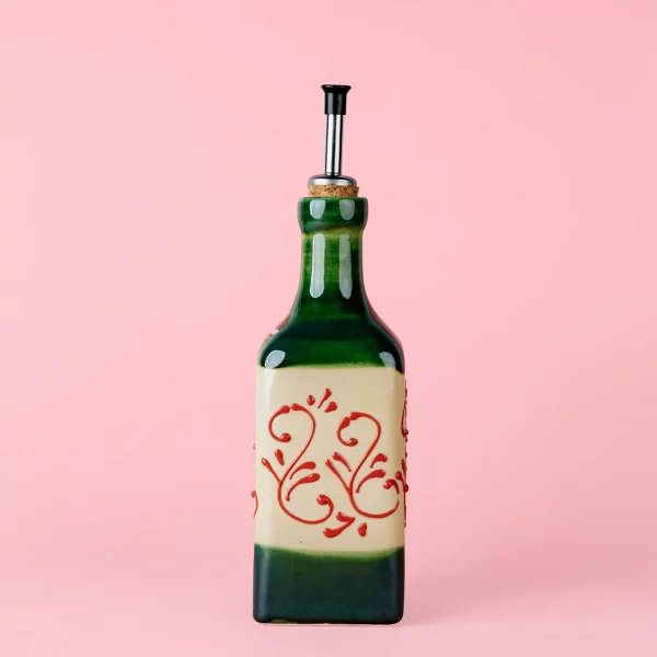Bouteille à huile d'olive verte à motifs rouge par Alfar Tierra Cocida